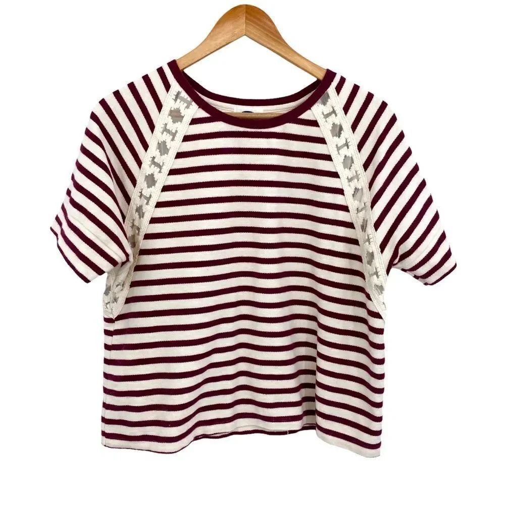 Old Navy burgundy and cream stripe raglan sleeve lace detail top small